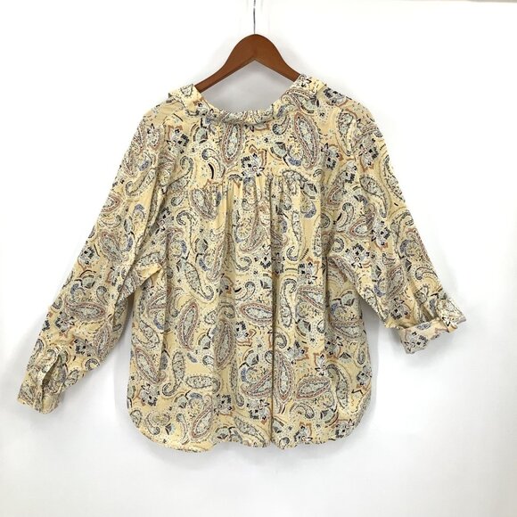 J.Jill Women's Yellow Paisley Blouse 2X Roll Tab Sleeve V-Neck Top - Picture 5 of 6